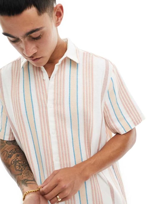 ASOS DESIGN avslappnad skjorta i tonad korgväv ränder - Image 2