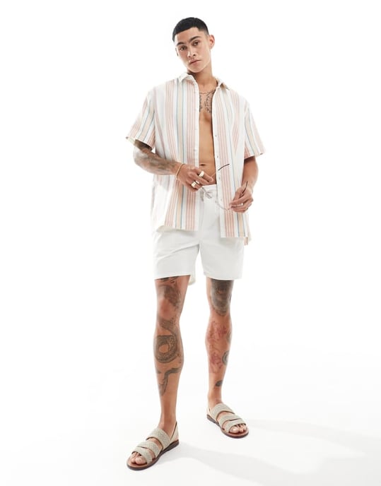 ASOS DESIGN avslappnad skjorta i tonad korgväv ränder - Image 3