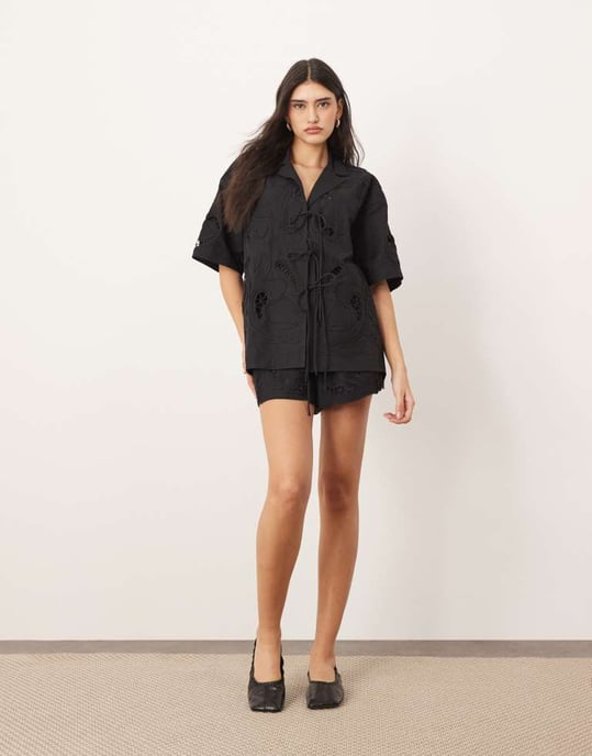 ARRANGE cotton cutwork embroidered short sleeve tie front shirt co-ord in black - Image 4