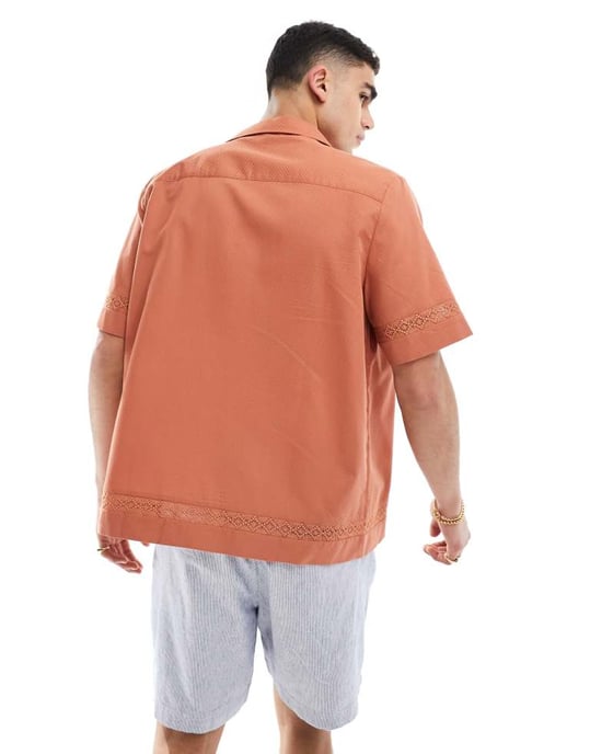 ASOS DESIGN avslappnad krage texturerad skjorta i orange - Image 3