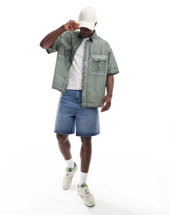 ASOS DESIGN oversized tvättad cargoskjorta i grön - Image 3