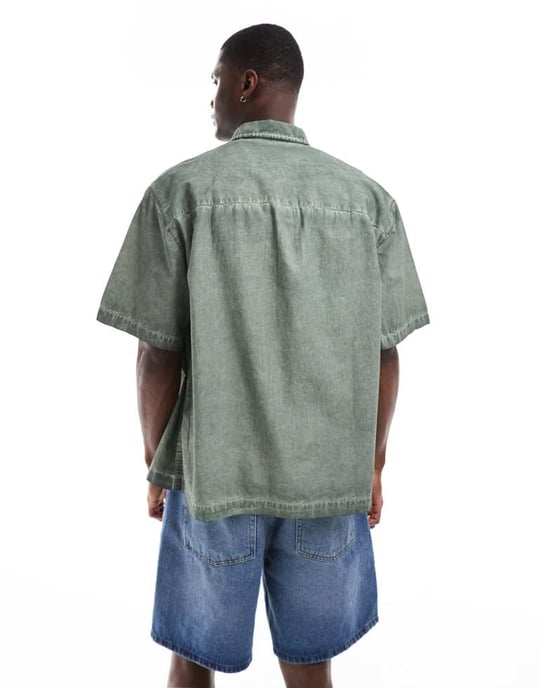 ASOS DESIGN oversized tvättad cargoskjorta i grön - Image 4