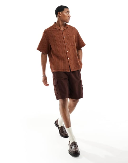 ASOS DESIGN oversized skjorta med krage i brunt randigt - Image 3