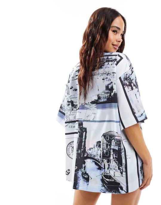 ASOS DESIGN satin revere co-ord skjorta i tidningstryck - Image 3