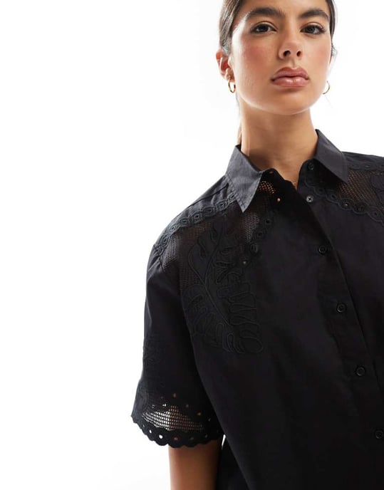 ASOS DESIGN premium boxy skjorta med utskärningsdetaljer i svart - Image 3