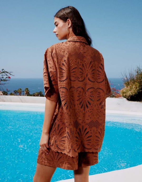 ASOS DESIGN premium broderie shirt co-ord in mocha - Image 3