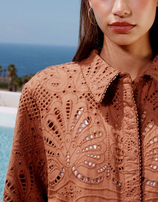 ASOS DESIGN premium broderie shirt co-ord in mocha - Image 4