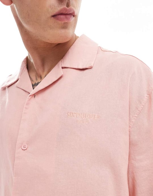 Sixth June kortärmad oversized linne skjorta i rosa - Image 3