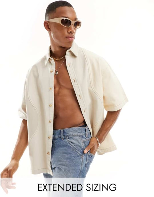 ASOS DESIGN oversized jeansskjorta med skärning och sömnad i sten - Image 1