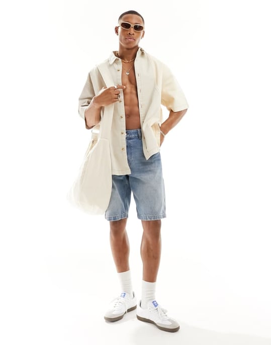 ASOS DESIGN oversized jeansskjorta med skärning och sömnad i sten - Image 4