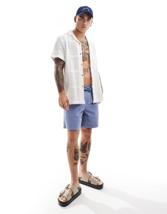 ASOS DESIGN kortärmad avslappnad revere virkad skjorta i ecru - Image 3