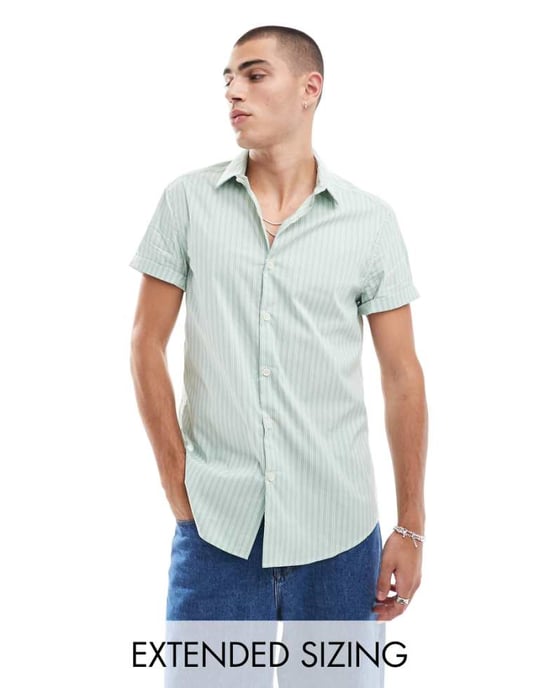 ASOS DESIGN smal arbetskjorta i grön och vit rand - Image 1