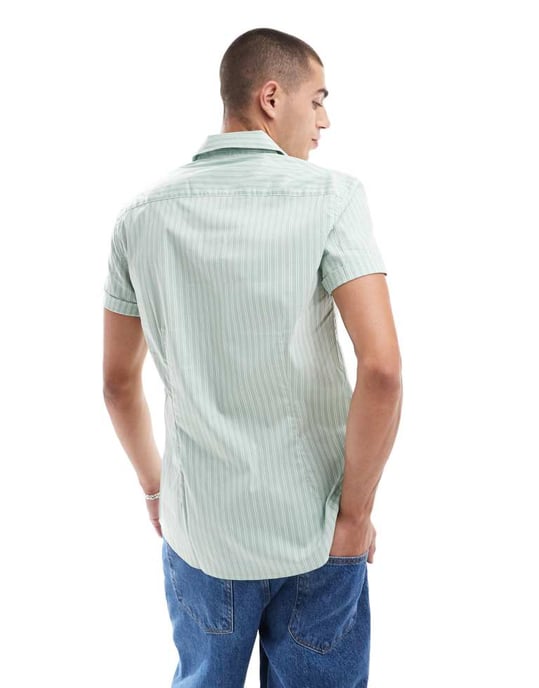 ASOS DESIGN smal arbetskjorta i grön och vit rand - Image 3