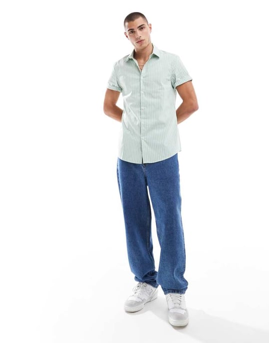 ASOS DESIGN smal arbetskjorta i grön och vit rand - Image 4