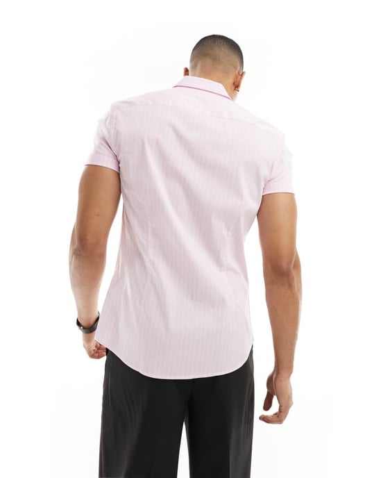 ASOS DESIGN kortärmad slim fit randig arbetsblus i ljusrosa - Image 4