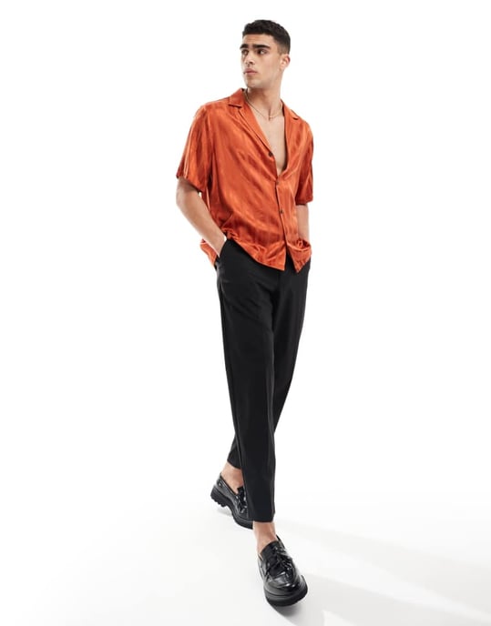 ASOS DESIGN kortärmad avspänd skjorta i orange jacquard - Image 3