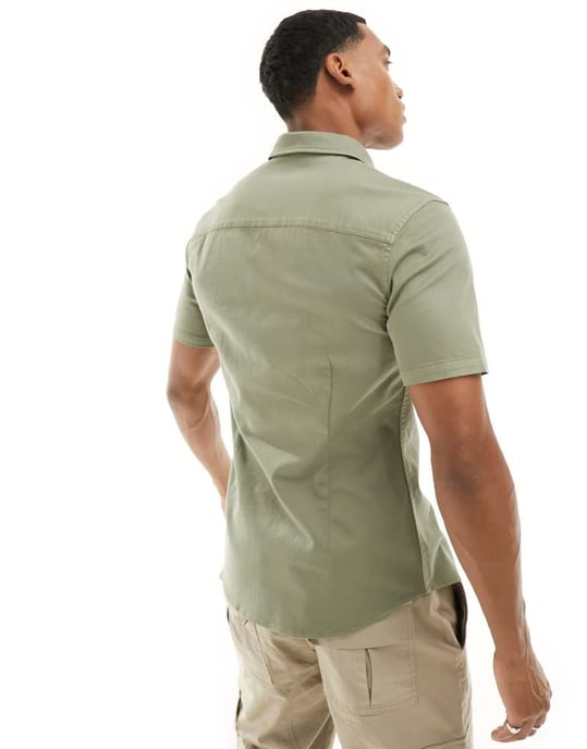 ASOS DESIGN kortärmad slim western denimskjorta i khakigrön - Image 4