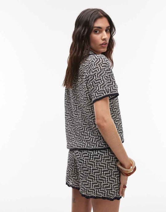 Topshop knitted crochet look pattern shirt co-ord in multi - Image 4