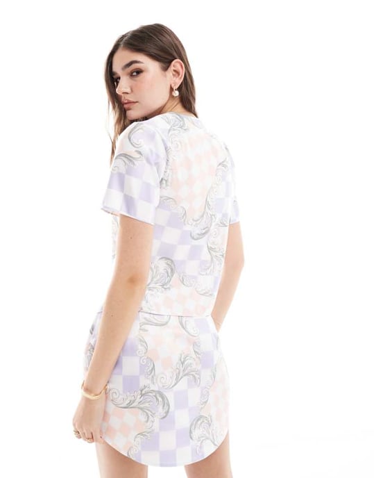 ASOS DESIGN satin skjorta i lila rutmönster - Image 2