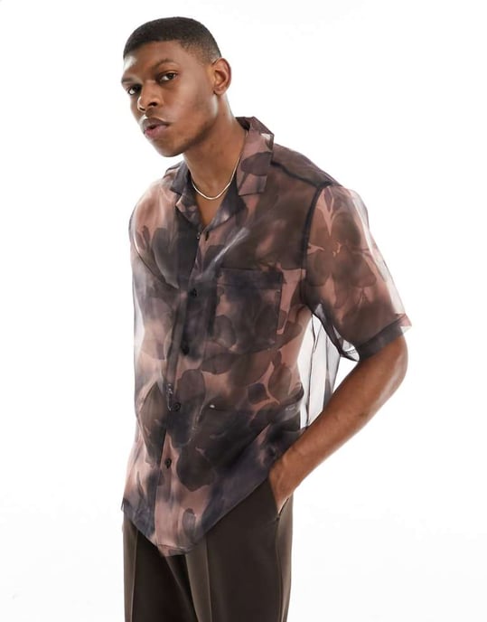 ASOS DESIGN avslappnad skjorta med blurrad blommönster i svart - Image 1