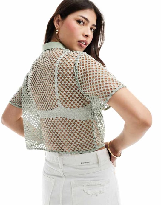 ASOS DESIGN mesh croppad skjorta i salviagrön - Image 2