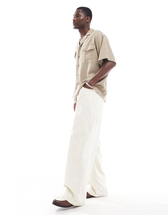 ADPT oversized linneblandning skjorta med dubbel ficka i beige - Image 2