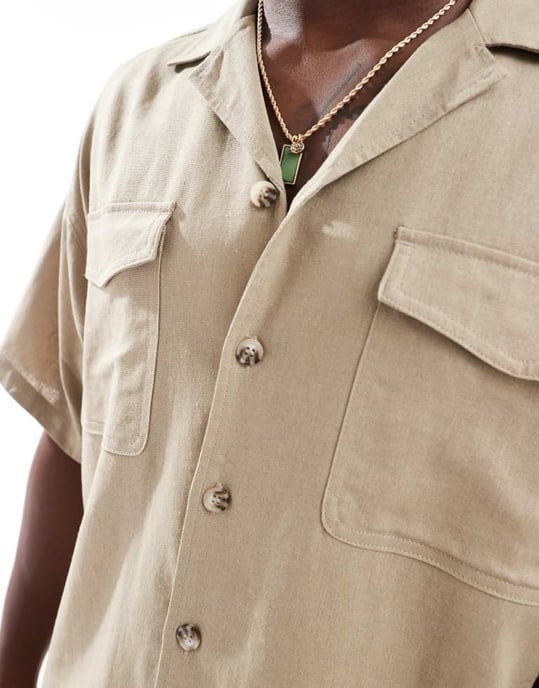 ADPT oversized linneblandning skjorta med dubbel ficka i beige - Image 3