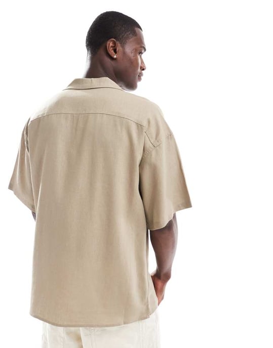 ADPT oversized linneblandning skjorta med dubbel ficka i beige - Image 4