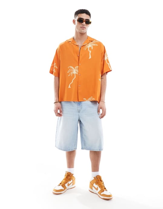ASOS DESIGN oversized skjorta med revere och palmmotiv i orange - Image 2