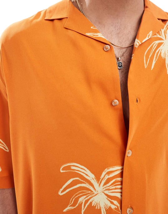ASOS DESIGN oversized skjorta med revere och palmmotiv i orange - Image 3