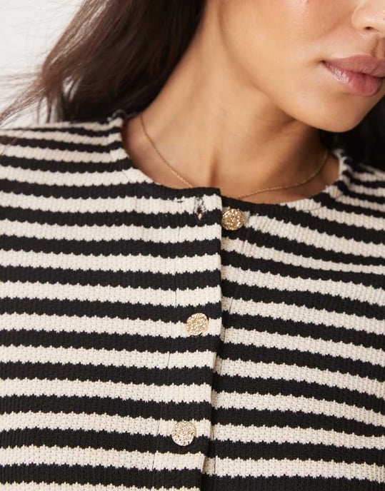 Vila textured knitted stripe short sleeve button down top co-ord in black and cream - Image 3
