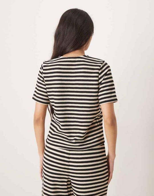 Vila textured knitted stripe short sleeve button down top co-ord in black and cream - Image 4