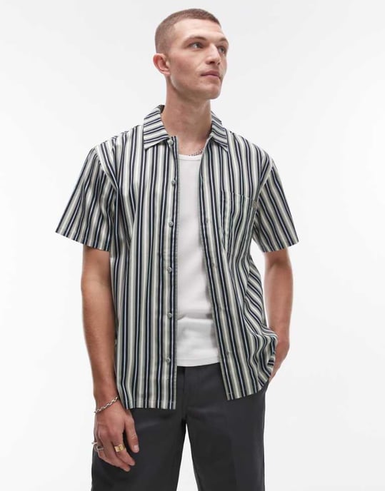 Dickies multi stripe short sleeve work shirt in green - Image 1