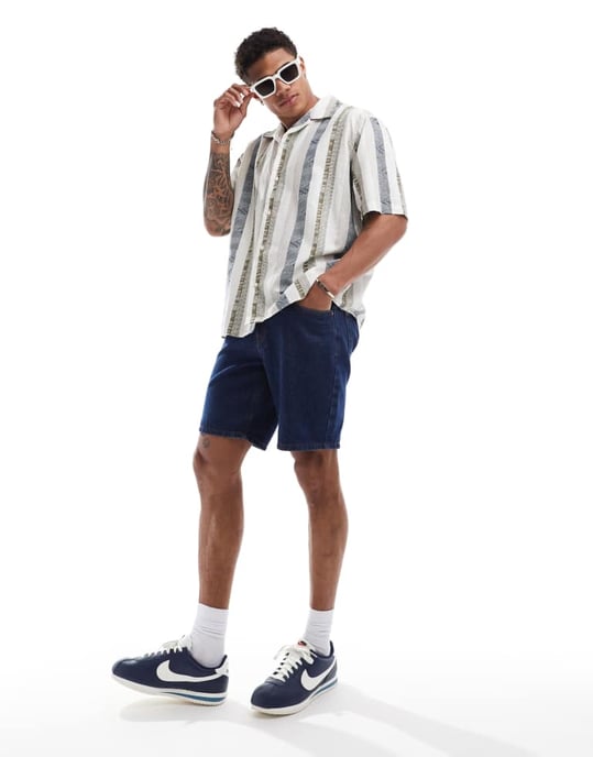 Selected Homme översized skjorta i linneblandning med omvänd krage i tryckt rand - Image 3