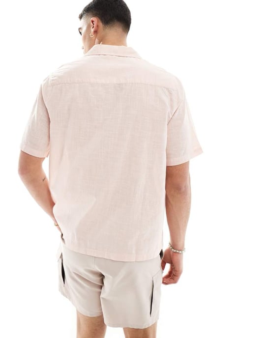 ASOS DESIGN kortärmad avslappnad skjorta med krage i linneutseende i ljusrosa - Image 3