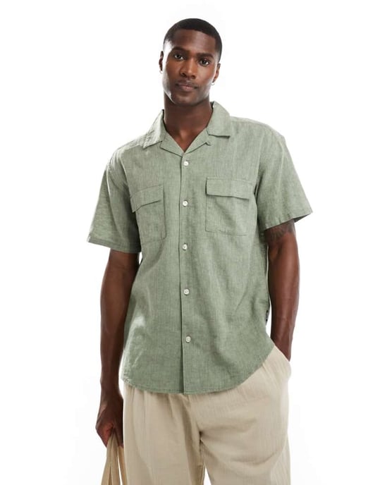 ONLY & SONS revere collar linen shirt with pocket detail in khaki - Image 1