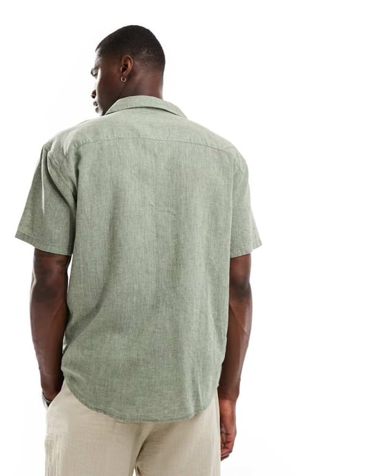 ONLY & SONS revere collar linen shirt with pocket detail in khaki - Image 3
