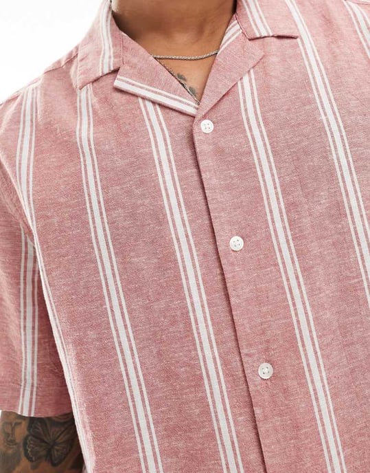 ASOS DESIGN avslappnad skjorta med krage i linneblandning randig i röd - Image 2