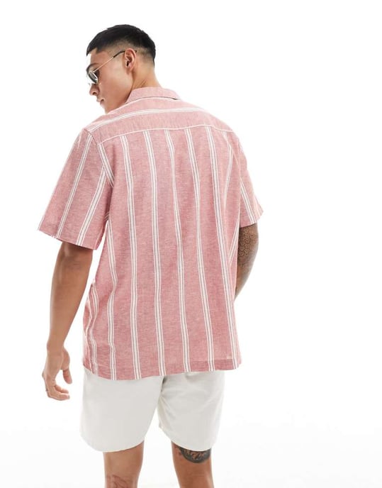 ASOS DESIGN avslappnad skjorta med krage i linneblandning randig i röd - Image 4