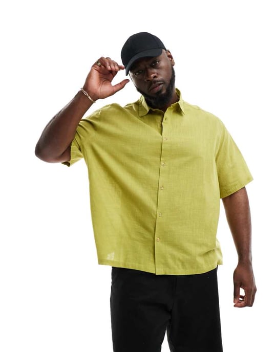 ASOS DESIGN avslappnad linnelook-skjorta i olivgrön - Image 1