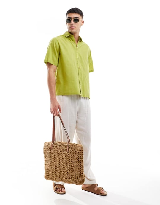 ASOS DESIGN avslappnad linnelook-skjorta i olivgrön - Image 2