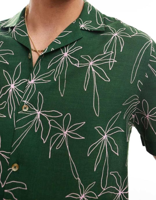 ASOS DESIGN koord avslappnad revere strandskjorta i doodle palmträdsmönster i grön - Image 2