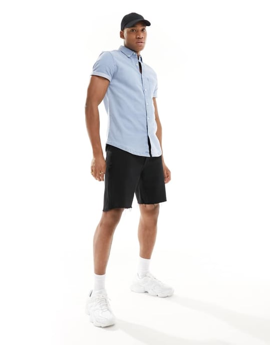 ASOS DESIGN slim rullärmad denimskjorta med knappad krage i ljusblåtvätt - Image 3