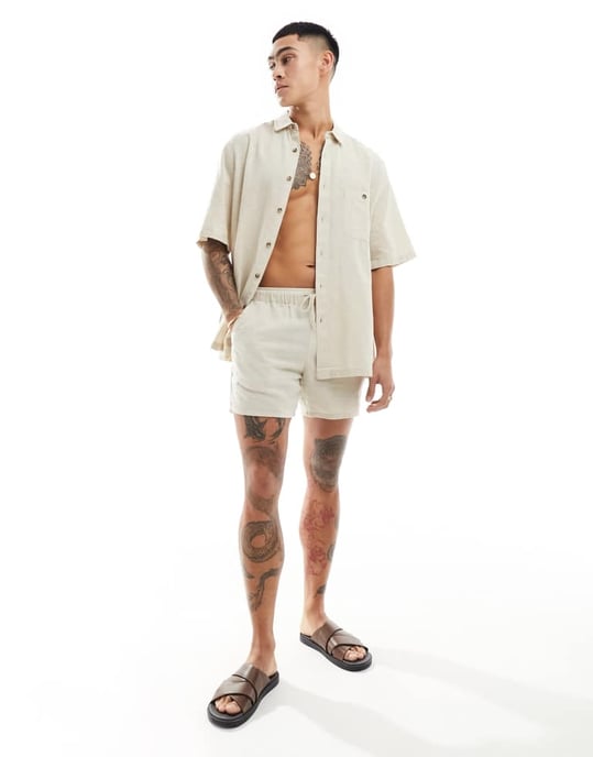 ASOS DESIGN avslappnad linneblandning skjorta med fyrkantig krage i beige - Image 2