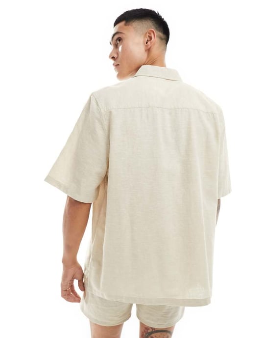 ASOS DESIGN avslappnad linneblandning skjorta med fyrkantig krage i beige - Image 4