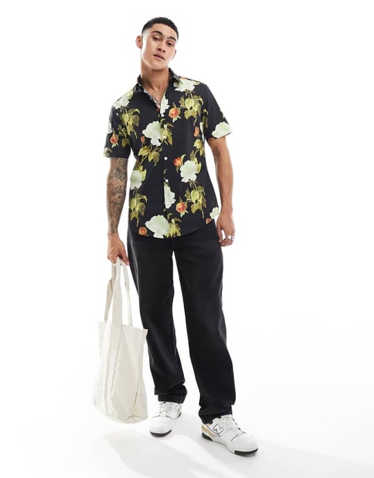 ASOS DESIGN stretch slim poplin-skjorta i blommönster - Image 4
