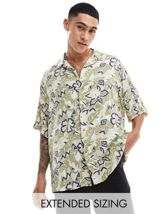 ASOS DESIGN boxy oversized skjorta med krage i vintage hawaiiansk mönster - Image 1