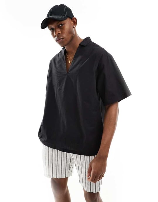 ASOS DESIGN kortärmad oversized skjorta i linneblandning i svart - Image 1