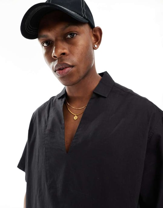 ASOS DESIGN kortärmad oversized skjorta i linneblandning i svart - Image 4