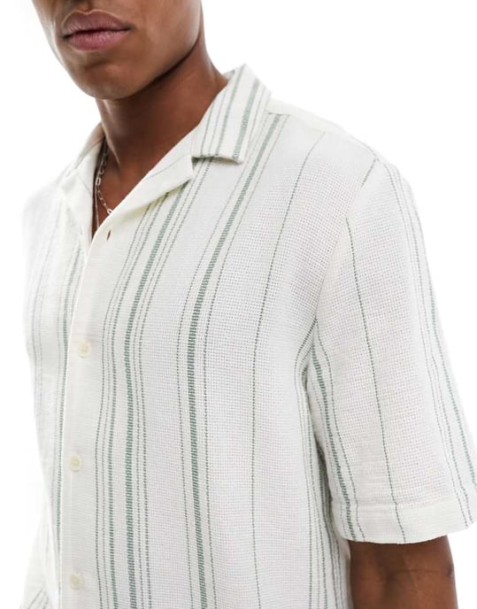 ASOS DESIGN avslappnad skjorta med krage i korgvävd rand i grönt och vitt - Image 3